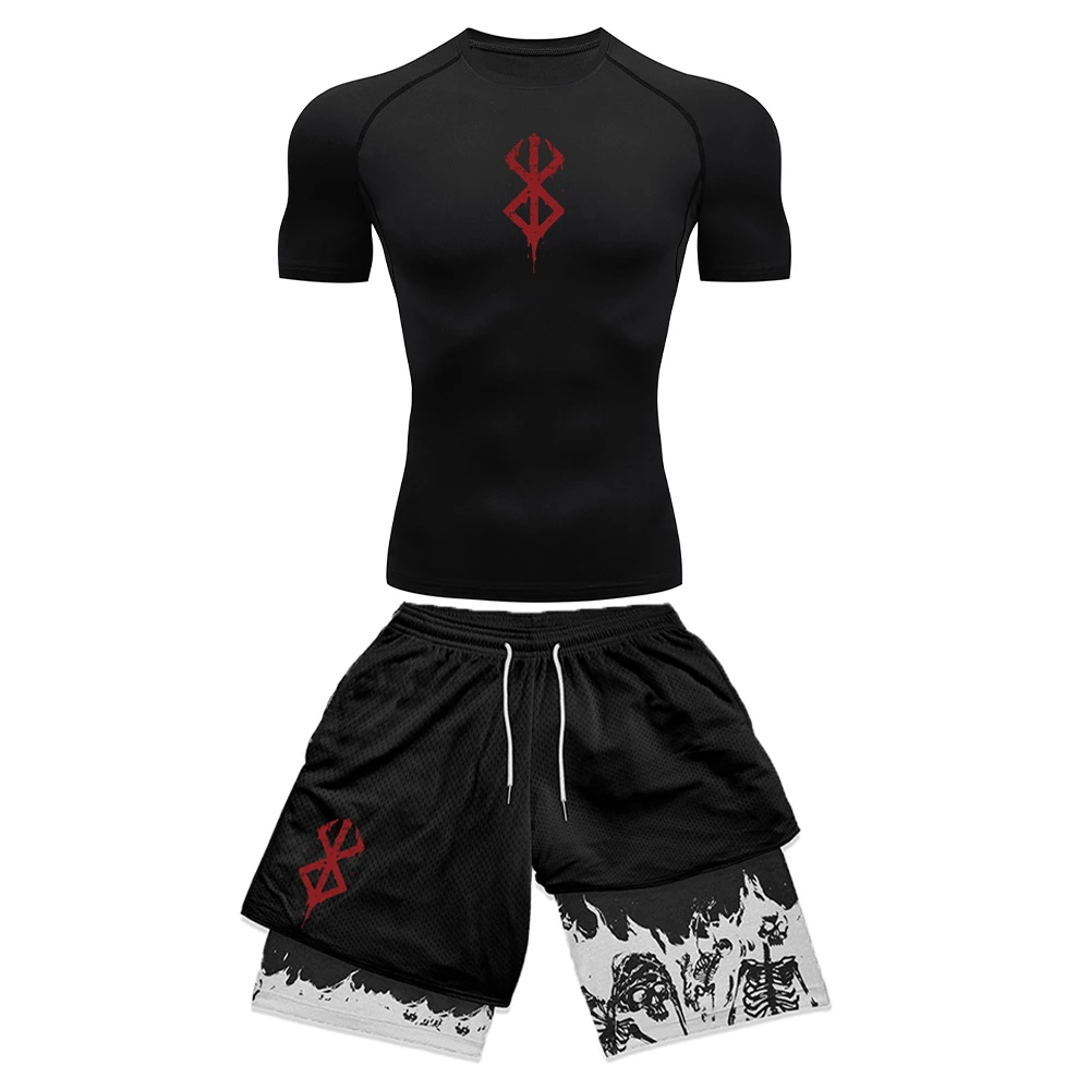 Compression Shorts Athletes - アニメ柄の3Dプリントを使用したメンズ用コンプレッションセット。半袖のジム用トップスと速乾性・通気性に優れたワークアウトショーツのセット。