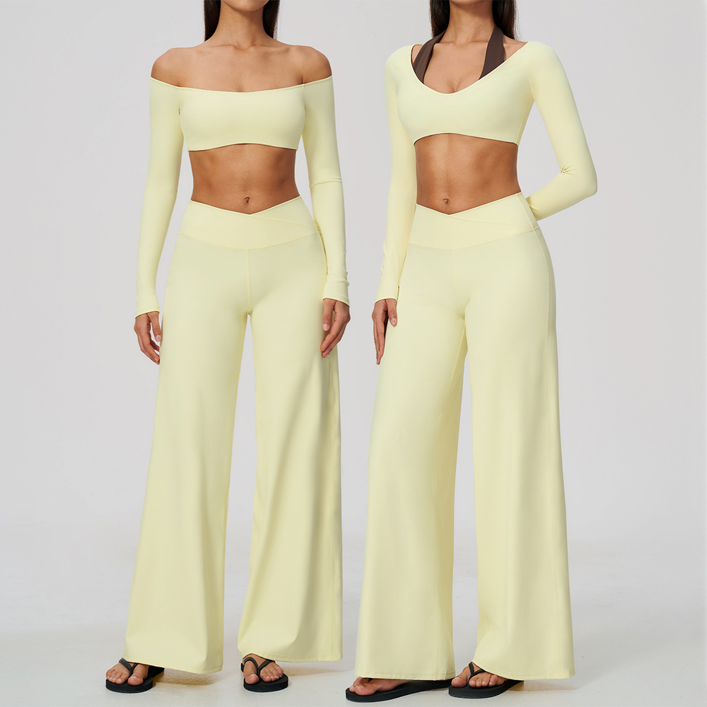 Compression Long Pant - レディース2点セット、フィットネスウェア、ワークアウト用、ジムウェア、ヨガウェア、スポーツウェア、長袖トップス、ワイドレッグパンツ、アスレチックウェア。